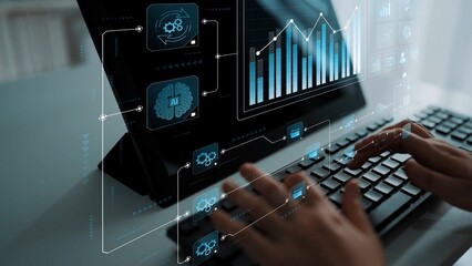 Data flow from database and cloud to processing and analytics dashboards, representing data analysis, automation, insight generation, and digital intelligence Marrow