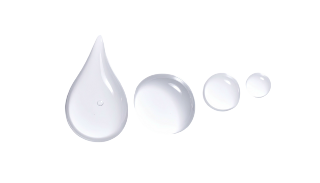 Four glistening, transparent droplets in varied shapes and sizes, against a black background
