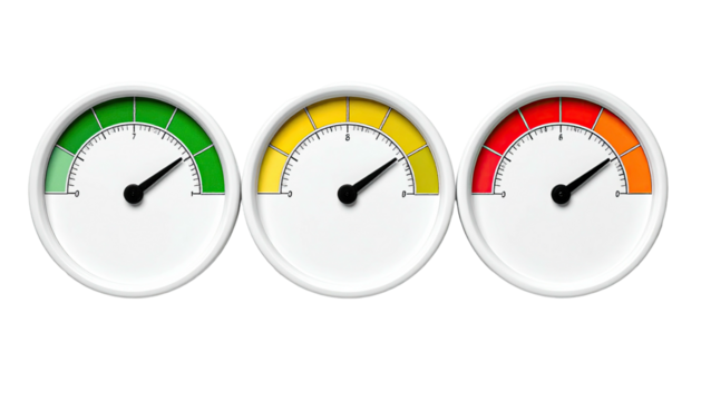 Three circular gauges depict green, yellow, and red zones, illustrating different levels