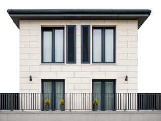 Modern beige facade with large windows, black shutters, metal balcony railing, and potted plants, creating clean and contemporary residential exterior design