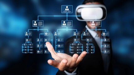 A businessman wearing a VR headset interacts with a digital data visualization, illustrating a...