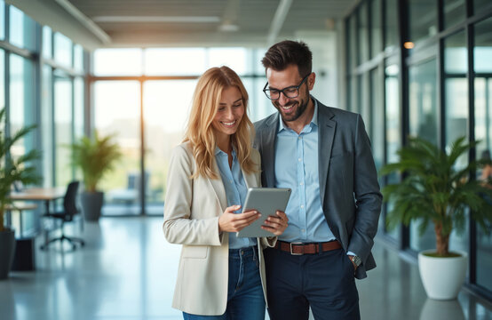 Two coworkers look at tablet in office corridor. Woman and man discuss business in modern office. Collogues in workspace together. Teamwork and collaboration in IT company. People use tech gadget.