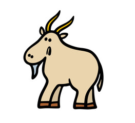 Funny animal on the farm. Vector illustration of a goat with long horns. Cartoon pet with hooves and a beard.