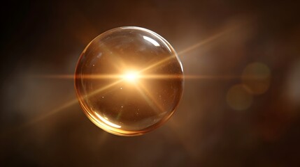 A luminous golden sphere radiating energy with internal light and flares set against a soft dark background