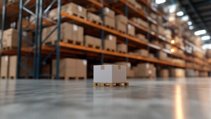 Single cardboard box on wooden pallet in vast industrial warehouse aisle with blurred shelves full of packages - Powered by Adobe