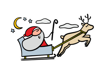 Naklejka premium Santa Claus with long gray beard rushing to children holiday, carrying Christmas gifts. Vector illustration of magical sleigh flying in sky with reindeer in sled. New Year eve night adventure.