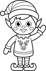 Obraz premium A black and white line drawing of a cheerful Christmas elf waving hello.