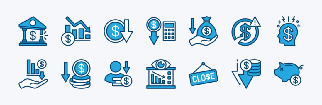 Set of bankrupt icon. Contains bank, bankruptcy, calculate loss, decline chart, dollar value down or falls, economic crisis, close, savings exhausted, depression, lost money, decrease. Vector