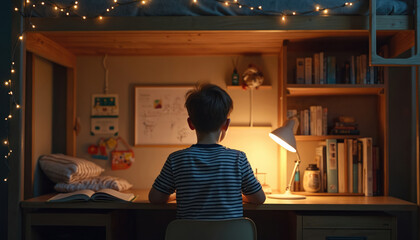 Boy studies late at night in cozy room. Kid does homework at desk under lamp light. Pupil reads book in home interior with bookcase. Child learns sitting indoors in evening.