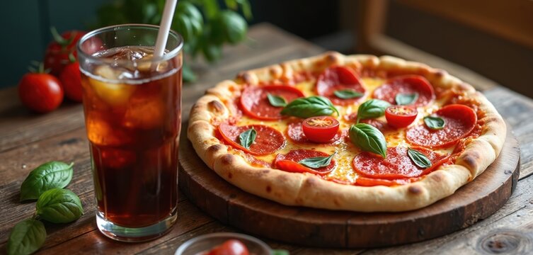 Pepperoni pizza with fresh basil and cherry tomatoes sits next to a tall glass of iced on a rustic wooden table. Tomatoes and basil leaves form a natural border.