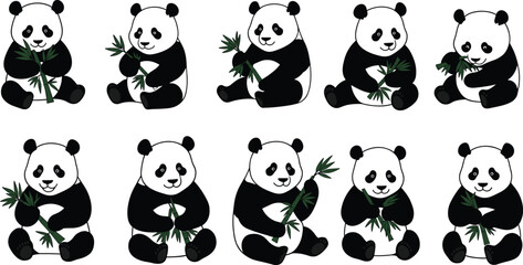 Cartoon panda, cute panda, bamboo eating, sitting panda, playful panda, panda illustration, animal character, black white panda, adorable bear, wildlife cartoon, vector panda, panda pose, © Mursalatun