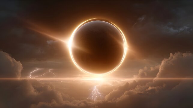 A dramatic celestial event showing an eclipse with a glowing corona lightning and stormy clouds