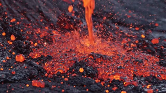 A breathtaking wide shot of a fissure eruption at night, featuring a spectacular fountain of brilliant yellow-orange fire and lava jetting high into the sky between two cinder cones. A vast river of l