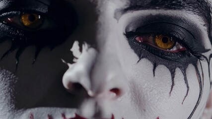 Close-up shot of a face with dramatic makeup, featuring dark eyes and red lips. The intense look is perfect for a horror-themed video.