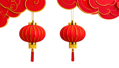 Two hanging red lanterns with golden accents and ornate clouds, set against a black backdrop