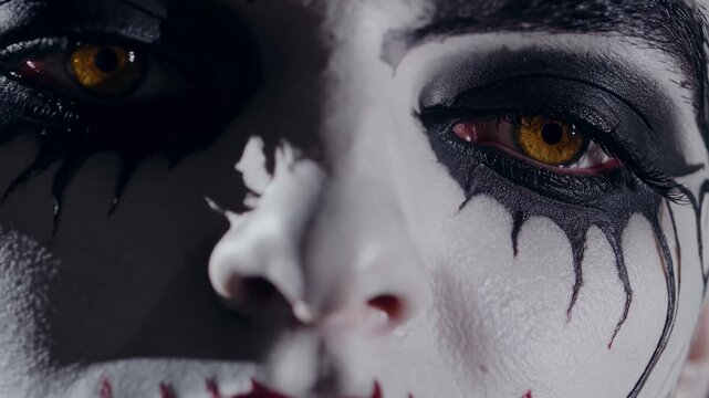 Close-up shot of a face with dramatic makeup, featuring dark eyes and red lips. The intense look is perfect for a horror-themed video.