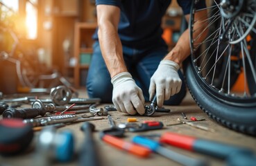 Person fixes bicycle wheel with tools on floor. Mechanic works in workshop with bike parts and equipment. Man repairs cycle indoors, maintaining vehicle with expertise.