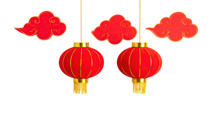 Two round red lanterns with golden accents hanging, with three red clouds