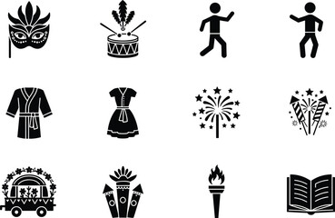 Carnival mask, drum, dancer, robe, dress, fireworks, parade float, torch, book, celebration, culture, tradition, costume, party, holiday, event, festival, decorative, vector, silhouette, design