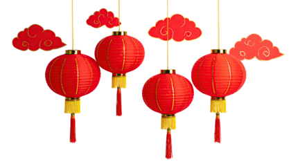 Four hanging red paper lanterns and cloud decorations, isolated against a solid black background