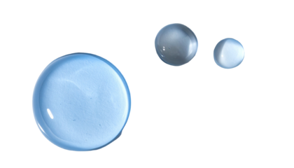 Three droplets, varying sizes, appear to be liquid or gel, against a stark black background