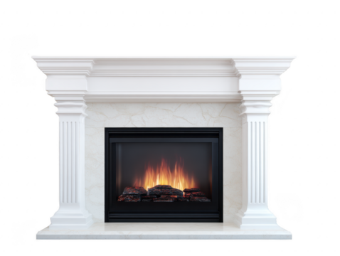 White marble fireplace with classic column design, glowing electric fire, elegant mantel, and realistic flame effect, creating cozy and inviting atmosphere for living room decor