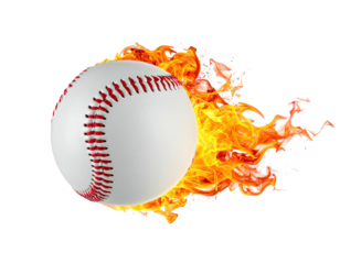 A baseball engulfed in flames, rendered realistically against a transparent background