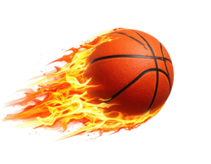 Animated basketball engulfed in flames, illustrating speed and motion against a dark backdrop