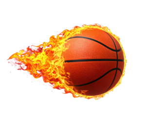 A burning orange basketball with black lines and flames against a transparent, black background