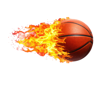 A basketball on fire, with flames emanating from its side. Isolated on black