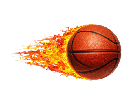 A basketball on fire streaks across a dark background, representing speed and intensity