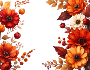 Floral frame with autumn hues of orange, red, and yellow, with berries and leaves