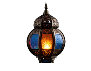 Ornate, illuminated hanging lantern with intricate metalwork and colored glass panels