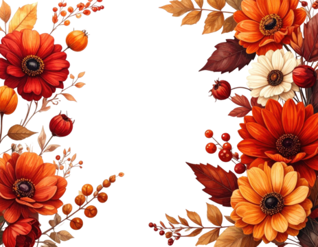 Floral frame with autumn hues of orange, red, and yellow, with berries and leaves