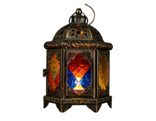 Ornate, multi-colored glass and metal lantern casting warm light on a solid black backdrop