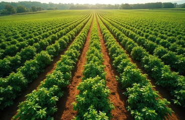 Obraz premium Green farm field with rows of blackcurrant bushes under sunny summer sky. Agriculture landscape shows orderly crop cultivation in rural countryside. Natural plant growth pattern on fertile land.