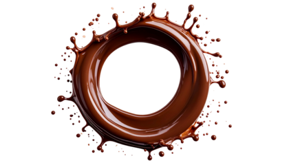 Ring of glossy chocolate swirls in a splashy, fluid motion against a black background