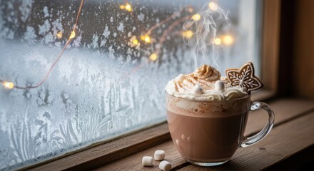 Cozy hot chocolate with whipped cream and gingerbread cookie on a windowsill with frost