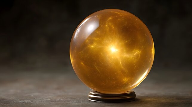 Mystical glowing golden sphere with internal swirling cosmic energy and a bright core displayed on a dark textured surface