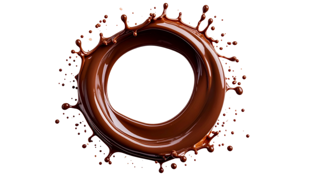 Ring of glossy chocolate swirls in a splashy, fluid motion against a black background