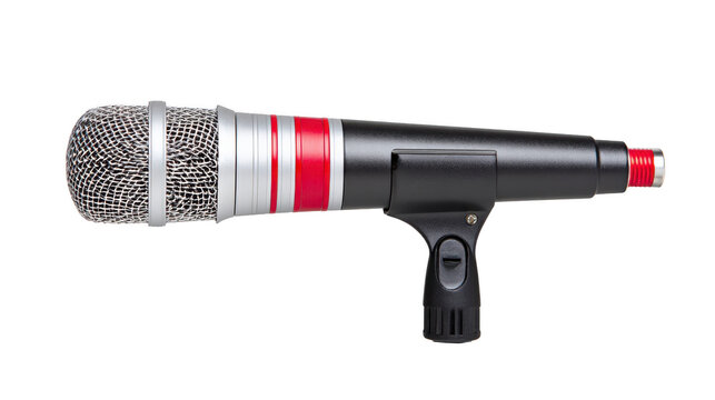 Professional dynamic microphone with silver mesh grille, black and red body, isolated on transparency background, ideal for live performance, music recording, and broadcasting