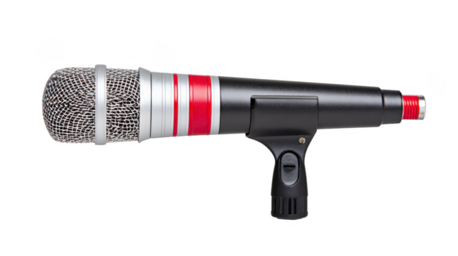 Professional dynamic microphone with silver mesh grille, black and red body, isolated on transparency background, ideal for live performance, music recording, and broadcasting