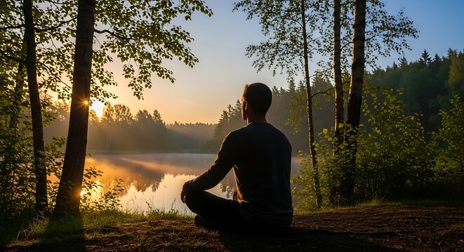 Meditating Man Sitting by Calm Lake in Forest at Sunrise