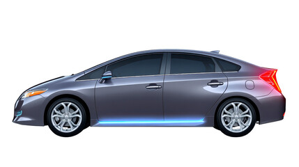 Sleek silver sedan with modern aerodynamic design tinted windows alloy wheels and blue underglow lighting parked in profile view urban style futuristic clean and stylish appearance