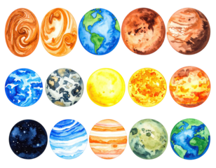 Colorful watercolor depictions of celestial bodies, resembling planets, arranged in a grid