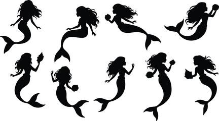 Mermaid silhouette collection, fantasy sea creatures, black mermaid shapes, mythical ocean beings, underwater elegance, artistic mermaid poses, aquatic mythology, mystical marine life, vector art