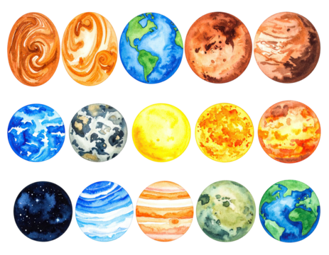 Colorful watercolor depictions of celestial bodies, resembling planets, arranged in a grid