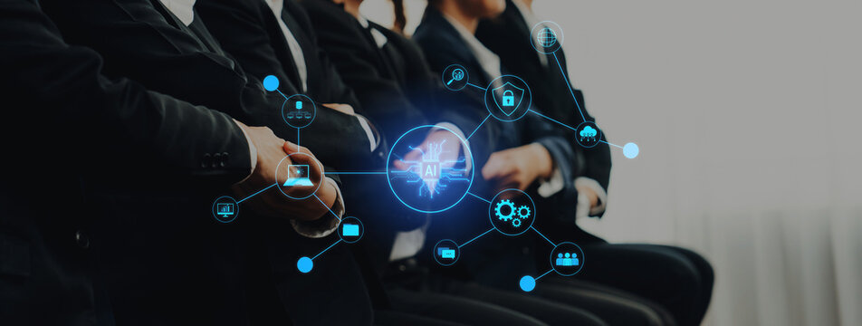 A group of professionals in formal attire sits attentively in anticipation of a business meeting, complemented by AI graphics representing innovation and technology impacts. Trope
