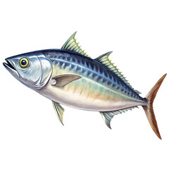 Obraz premium Illustration of a realistic watercolor painting of a sleek, silver and blue tuna fish swimming, isolated on a transparent background, with detailed fins and scales