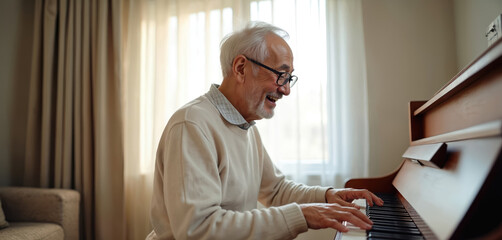Asian senior man with glasses happily plays piano music at home. Elderly gentleman enjoys his retirement hobby indoors, smiling while playing the keyboard instrument.